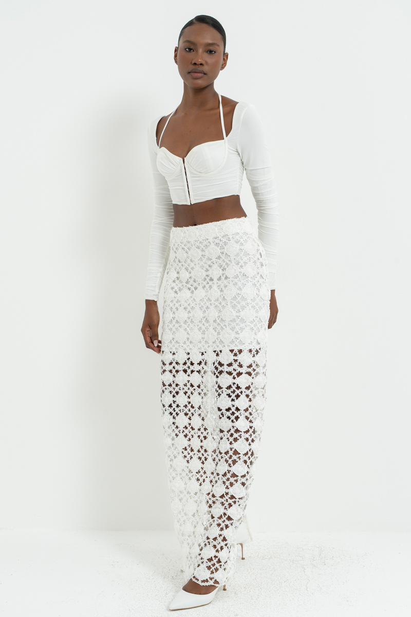 Off white Arkası Yırtmaç Detaylı Astarlı File Etek