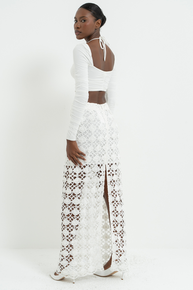 Off white Arkası Yırtmaç Detaylı Astarlı File Etek