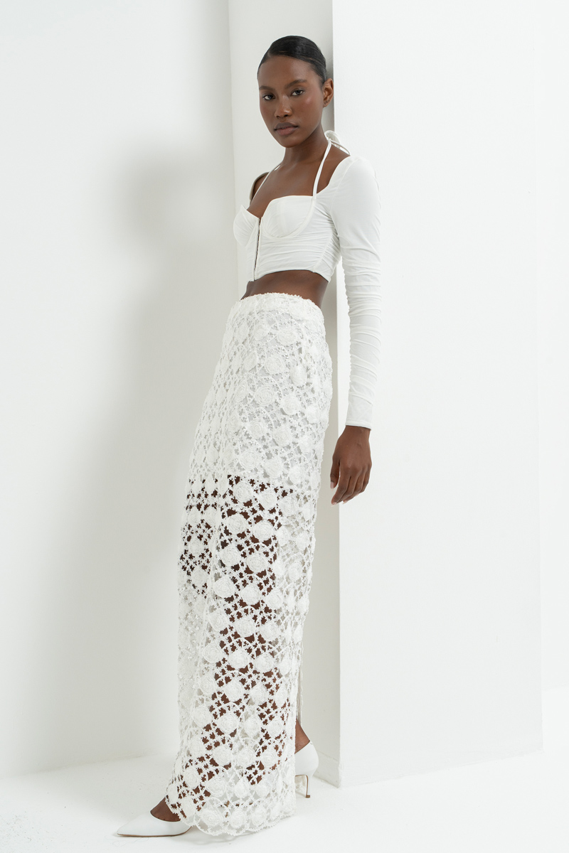 Off white Arkası Yırtmaç Detaylı Astarlı File Etek