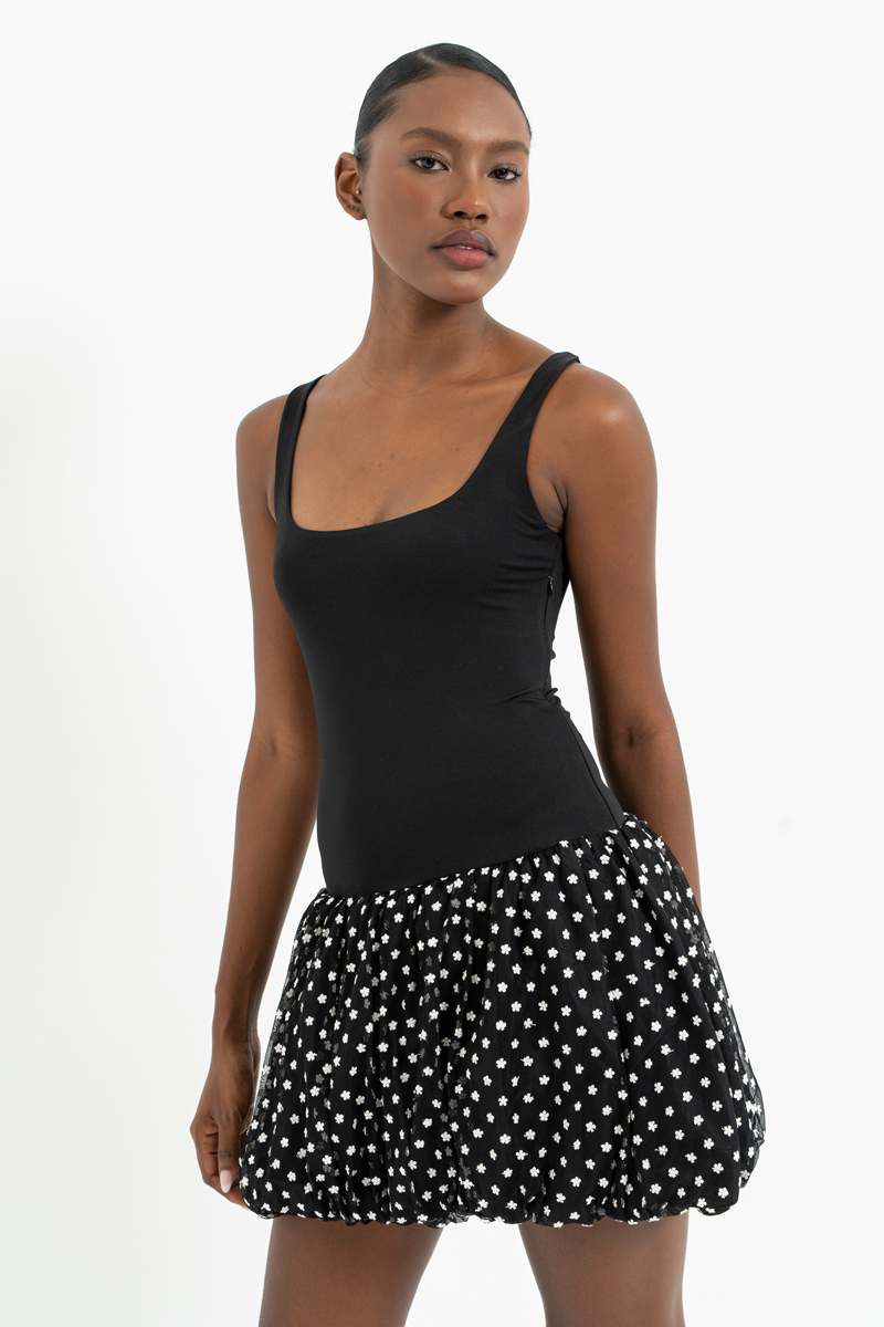 Siyah Balon Etekli Kare Yaka Mini Elbise