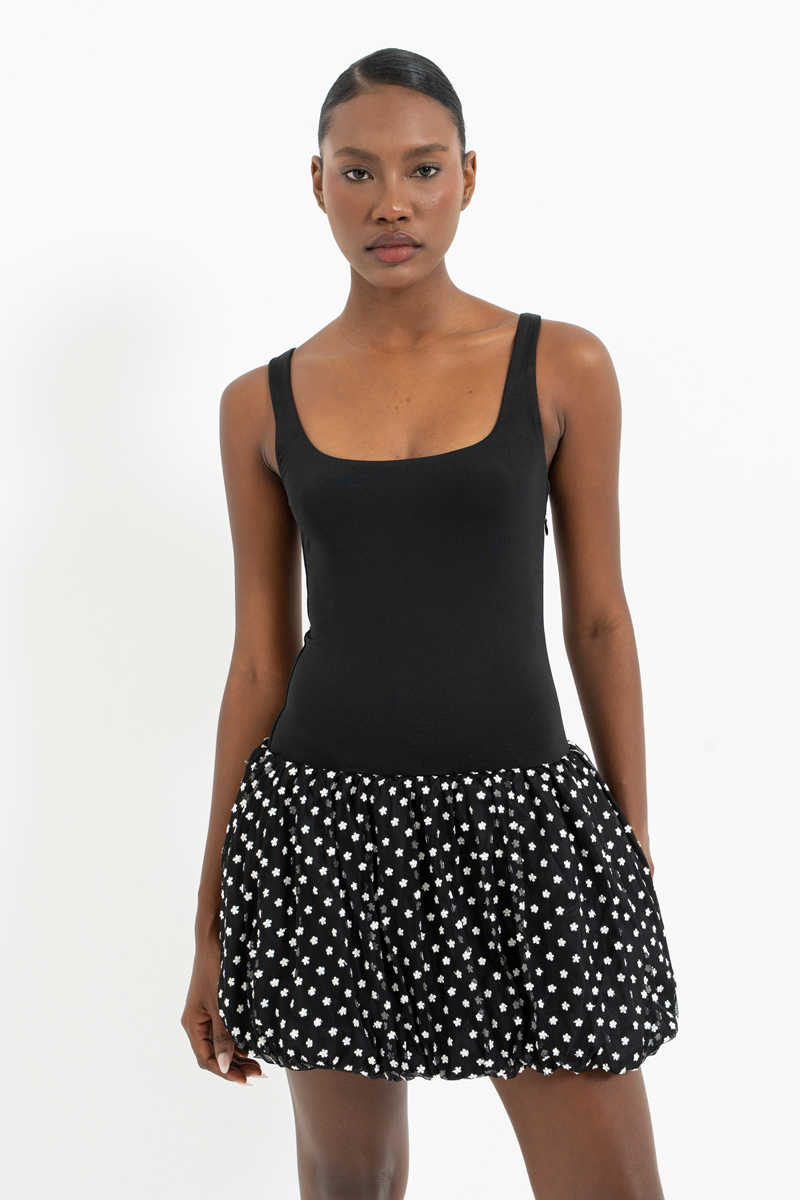 Siyah Balon Etekli Kare Yaka Mini Elbise