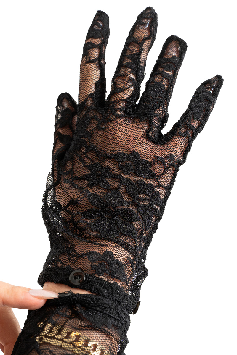 Sheer Black Lace Jumpsuit with Detachable Gloves and Hidden Back Zip
