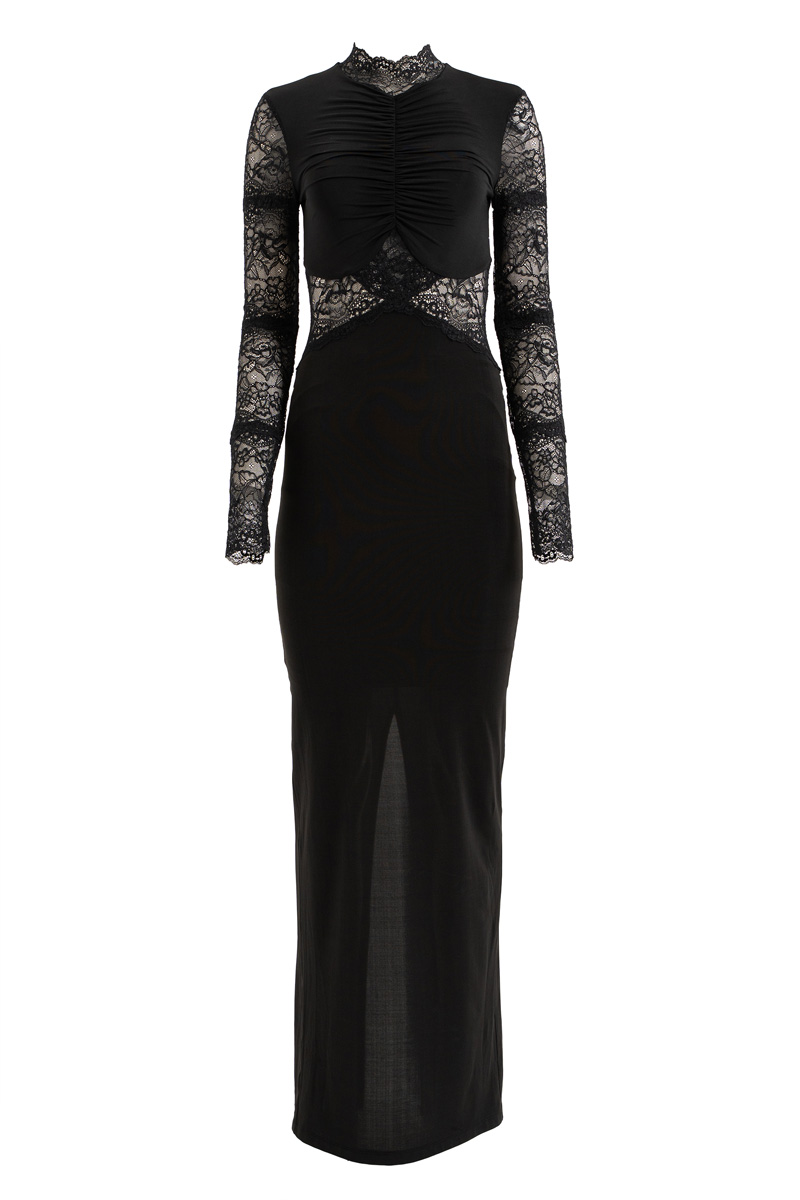 Siyah Balıkçı Yaka Göbek Dekolteli Dantelli Elbise