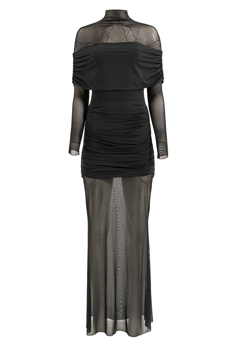 Siyah Balıkçı Yaka Tül Detaylı Uzun Elbise