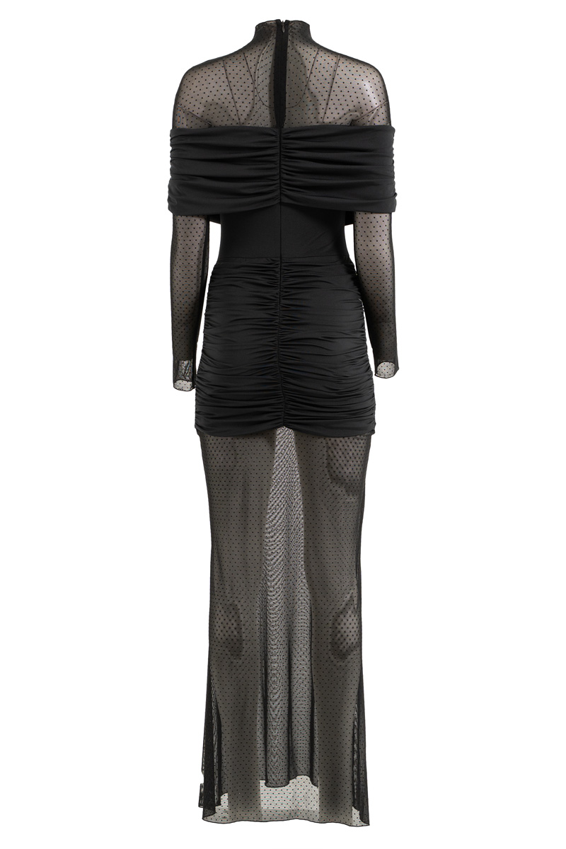 Siyah Balıkçı Yaka Tül Detaylı Uzun Elbise