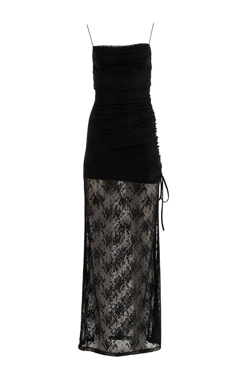 Siyah Yandan Yırtmaçlı Askılı Uzun Elbise