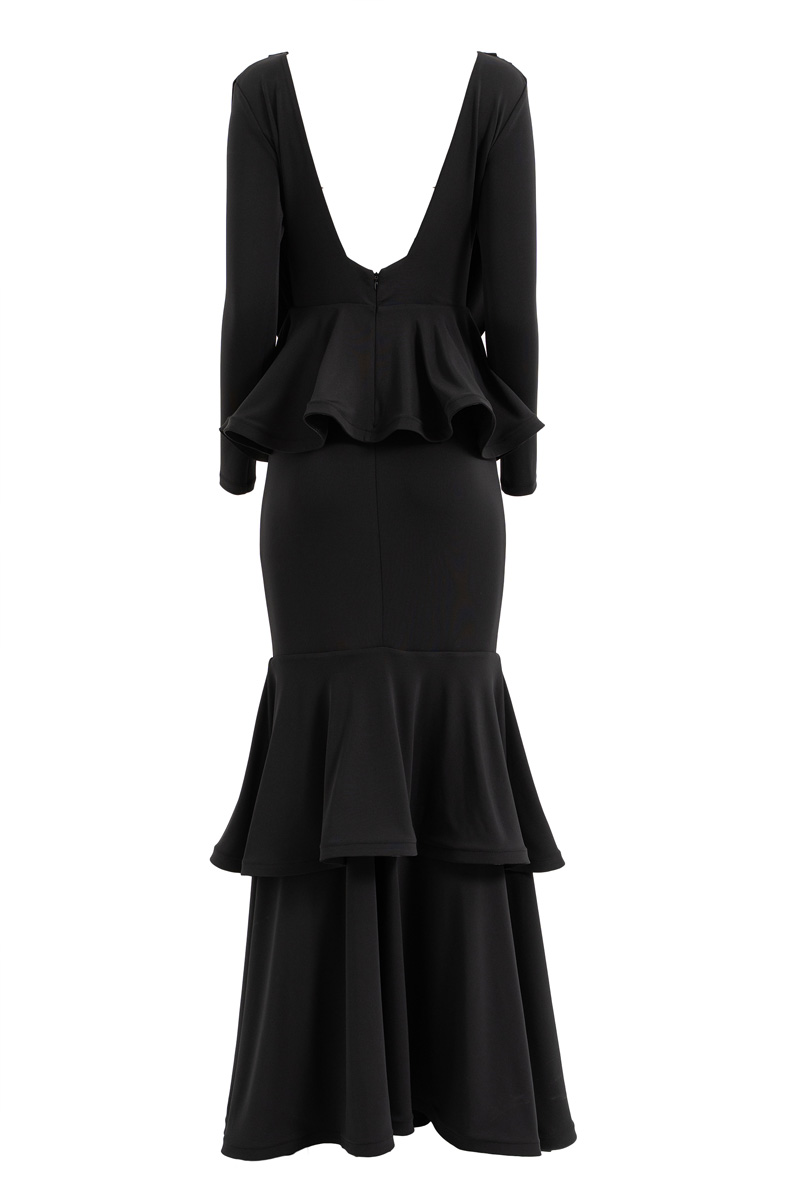 Siyah Sırt Degajeli Katlı Volan Detaylı Uzun Elbise