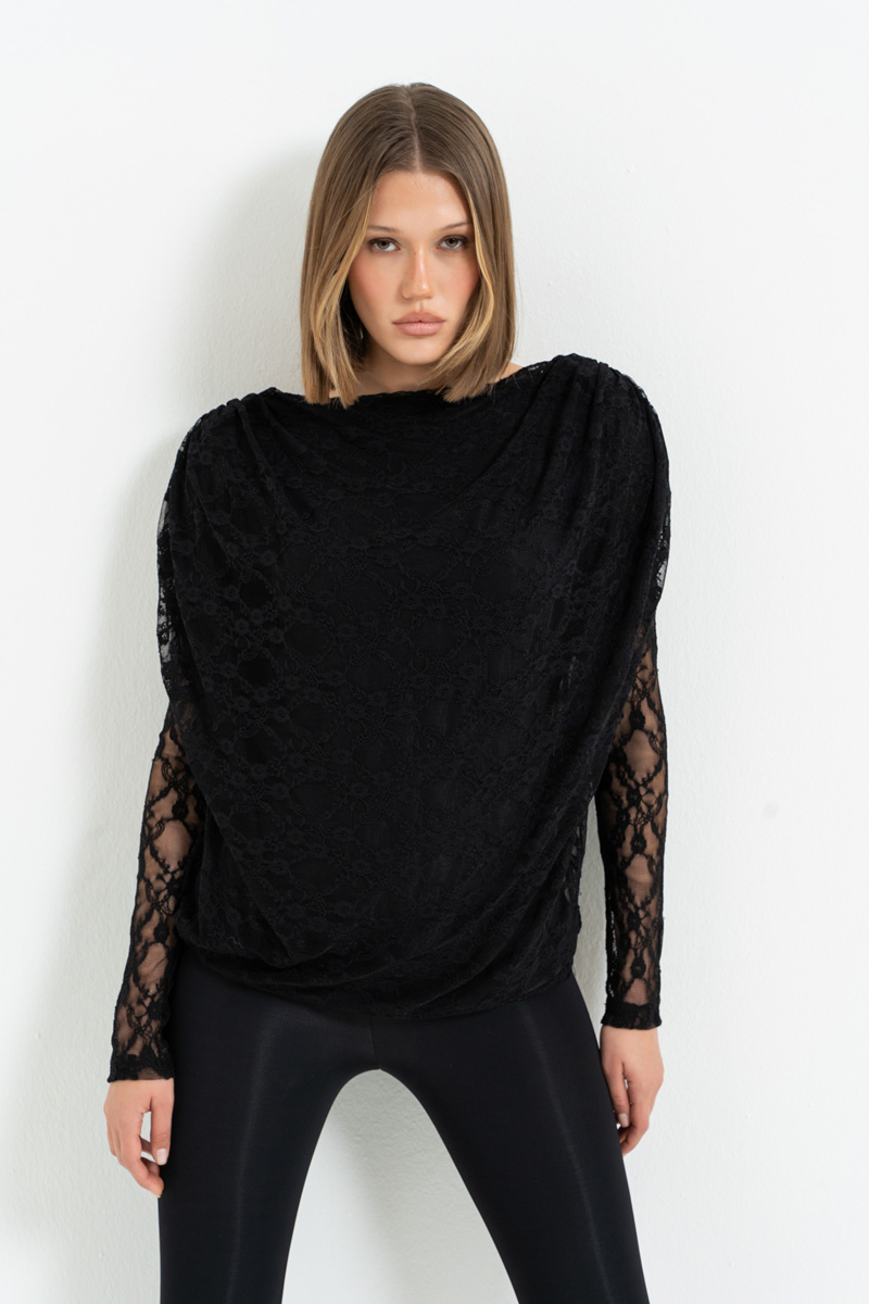 Siyah Sırt Dekolteli Vatkalı Uzun Kol Tunik