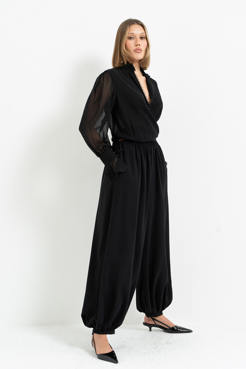 Siyah Beli Lastikli Cepli Şalvar Pantolon