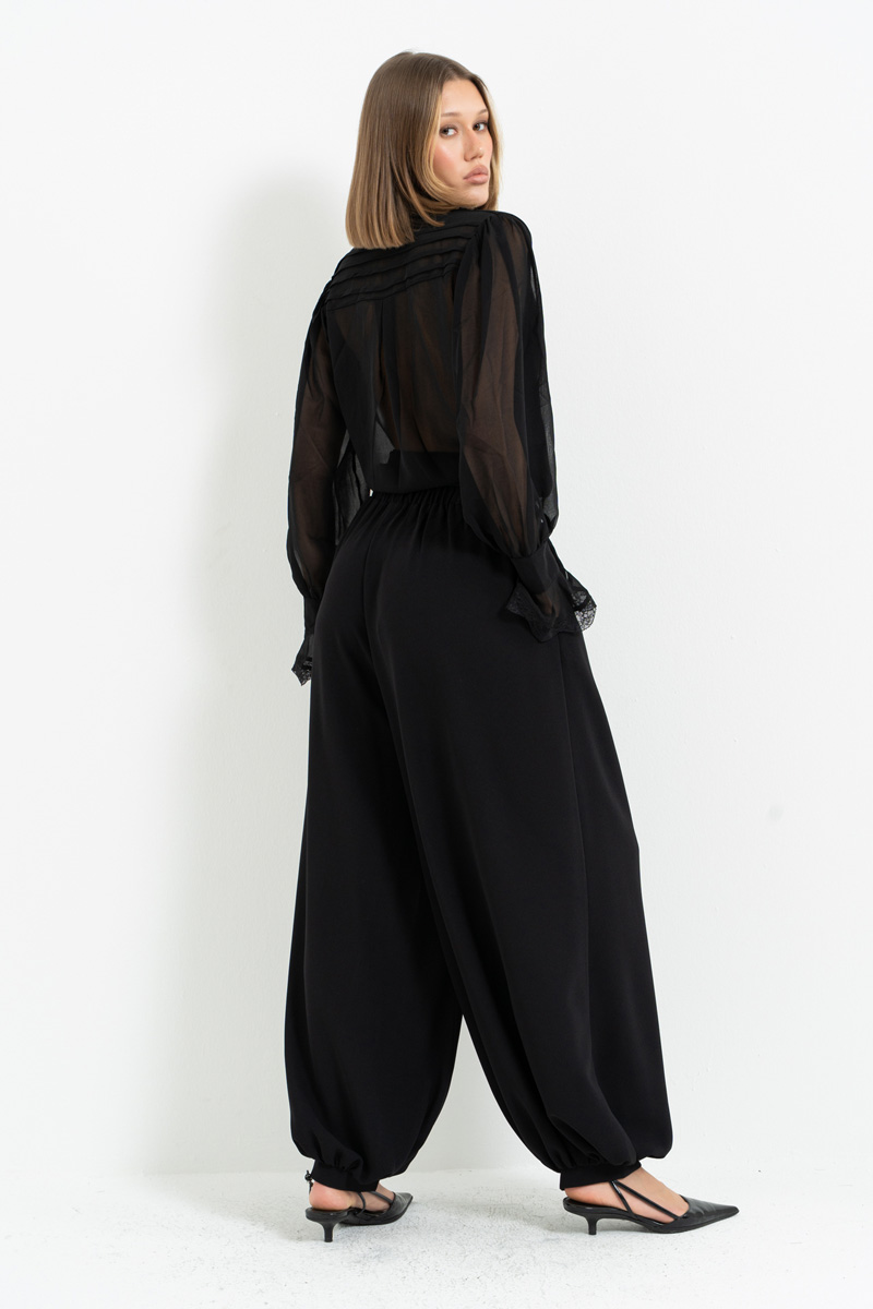 Siyah Beli Lastikli Cepli Şalvar Pantolon