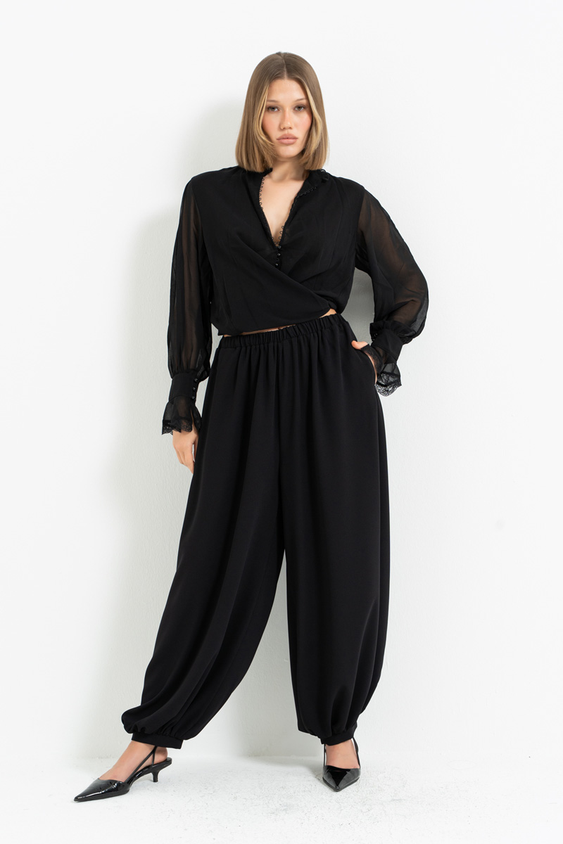 Siyah Beli Lastikli Cepli Şalvar Pantolon