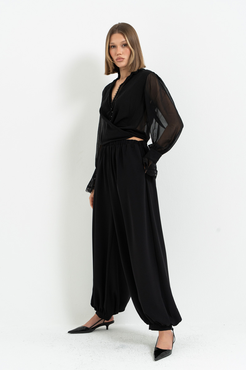 Siyah Beli Lastikli Cepli Şalvar Pantolon