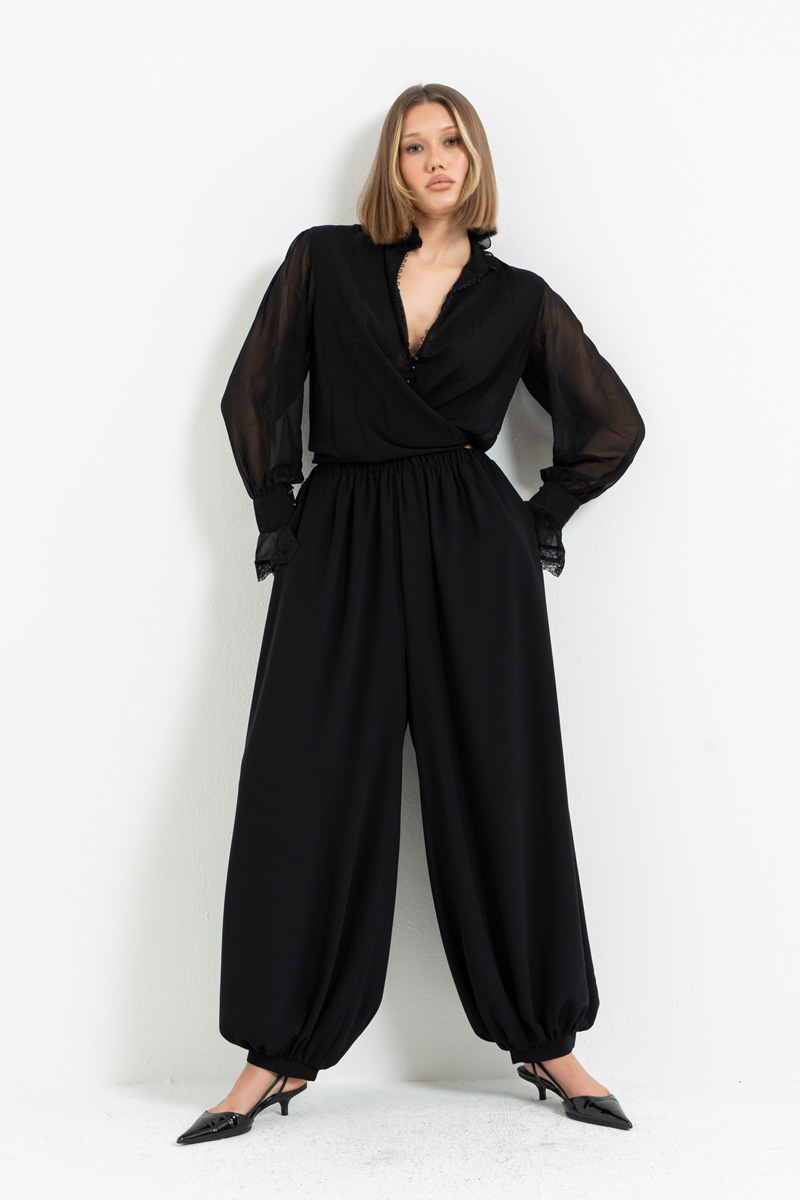 Siyah Beli Lastikli Cepli Şalvar Pantolon