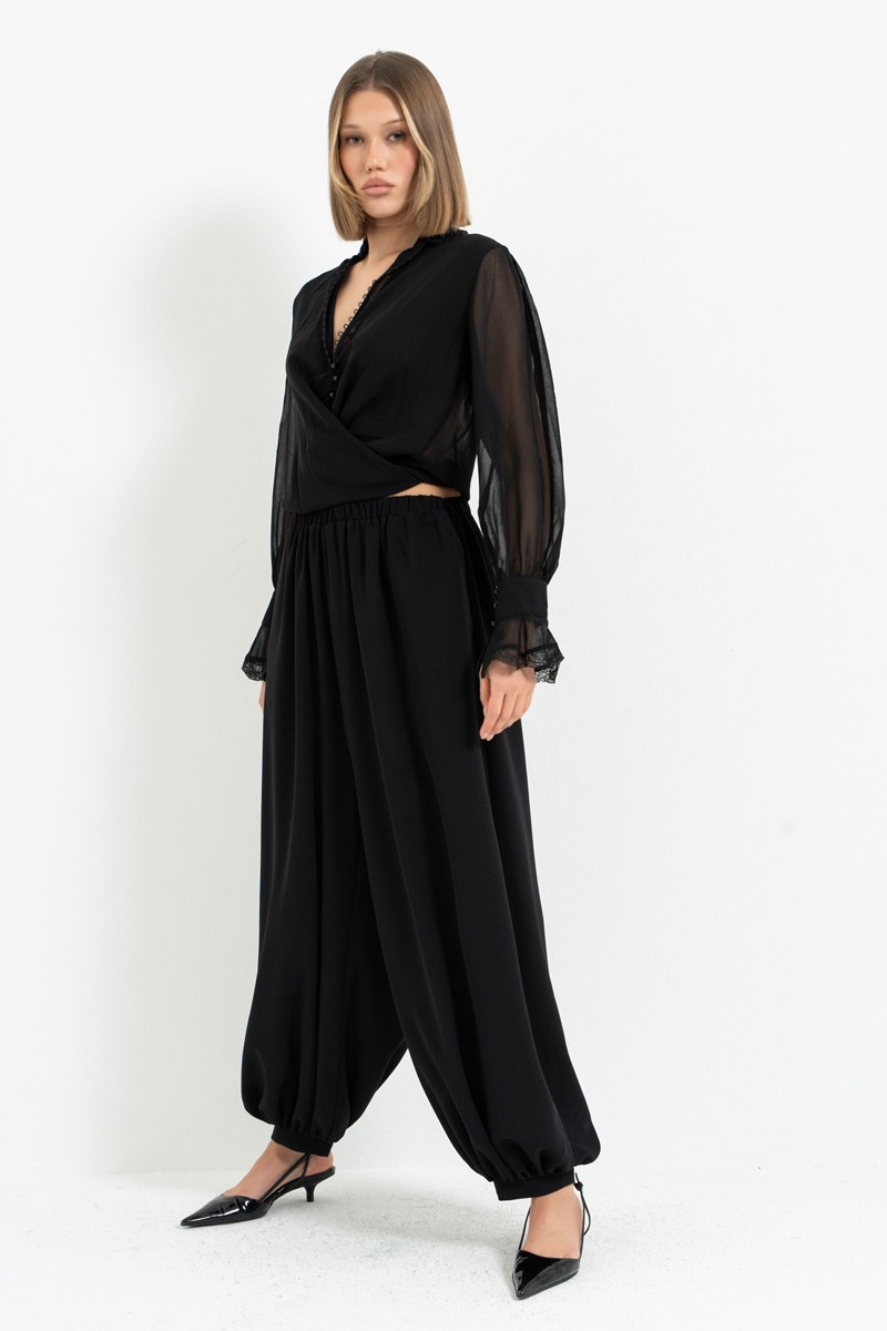 Siyah Beli Lastikli Cepli Şalvar Pantolon