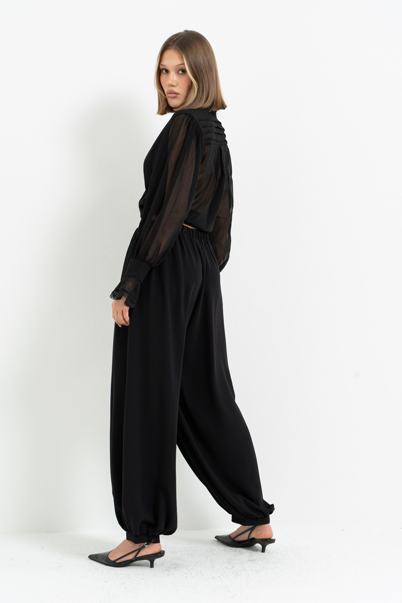 Siyah Beli Lastikli Cepli Şalvar Pantolon