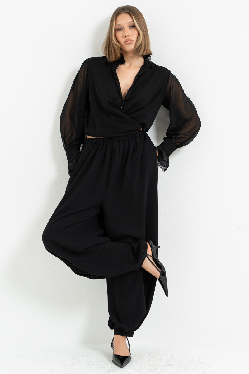 Siyah Beli Lastikli Cepli Şalvar Pantolon