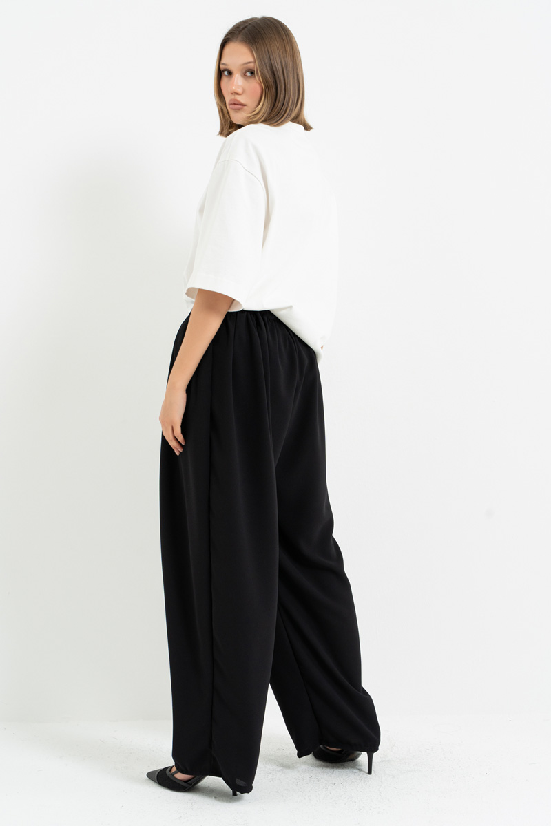 Siyah Önü Asimetrik Kapamalı Cepli Şalvar Pantolon