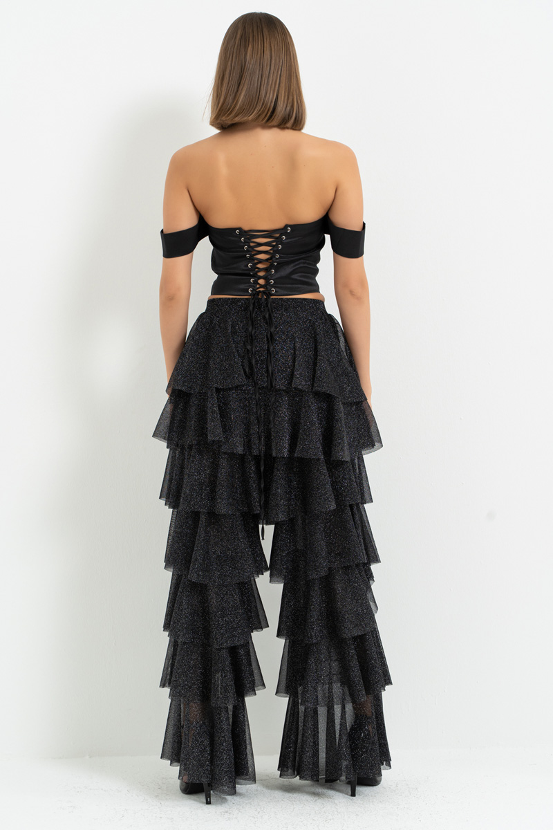 Siyah-Gümüş Kısmen Astarlı Volanlı Simli Tül Pantolon