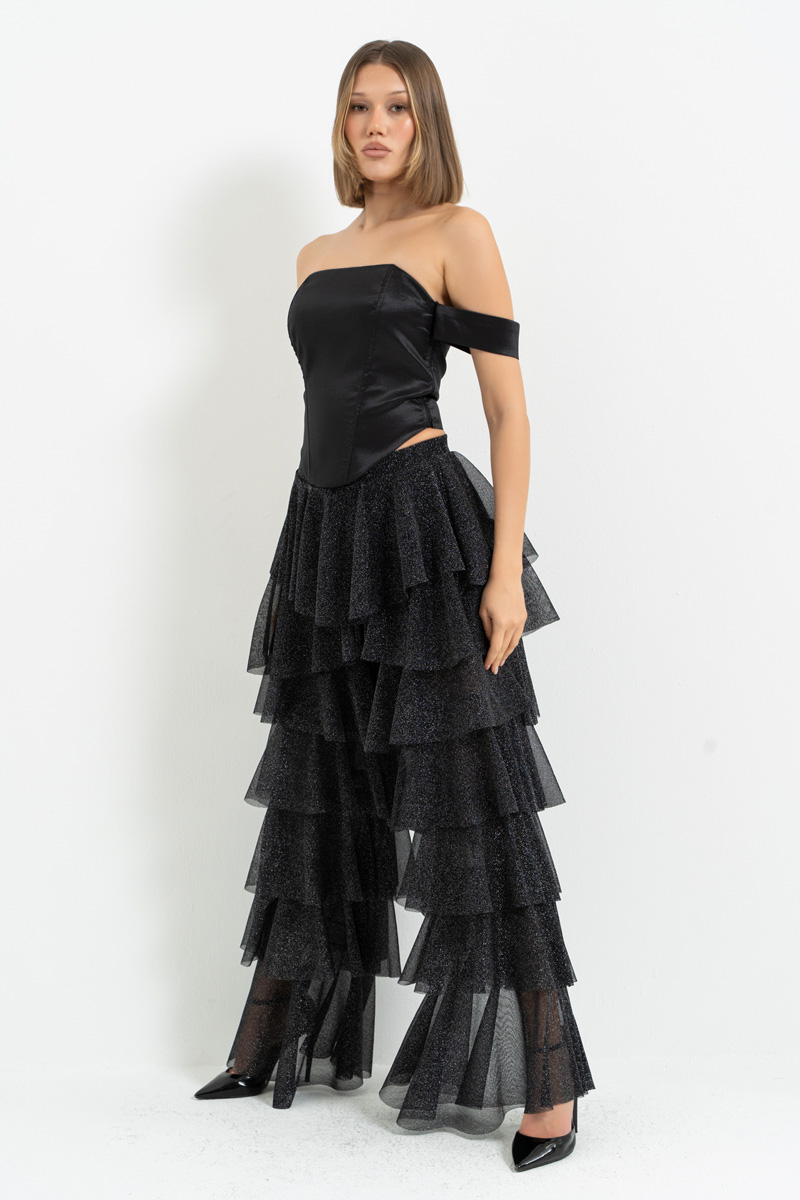 Siyah-Gümüş Kısmen Astarlı Volanlı Simli Tül Pantolon