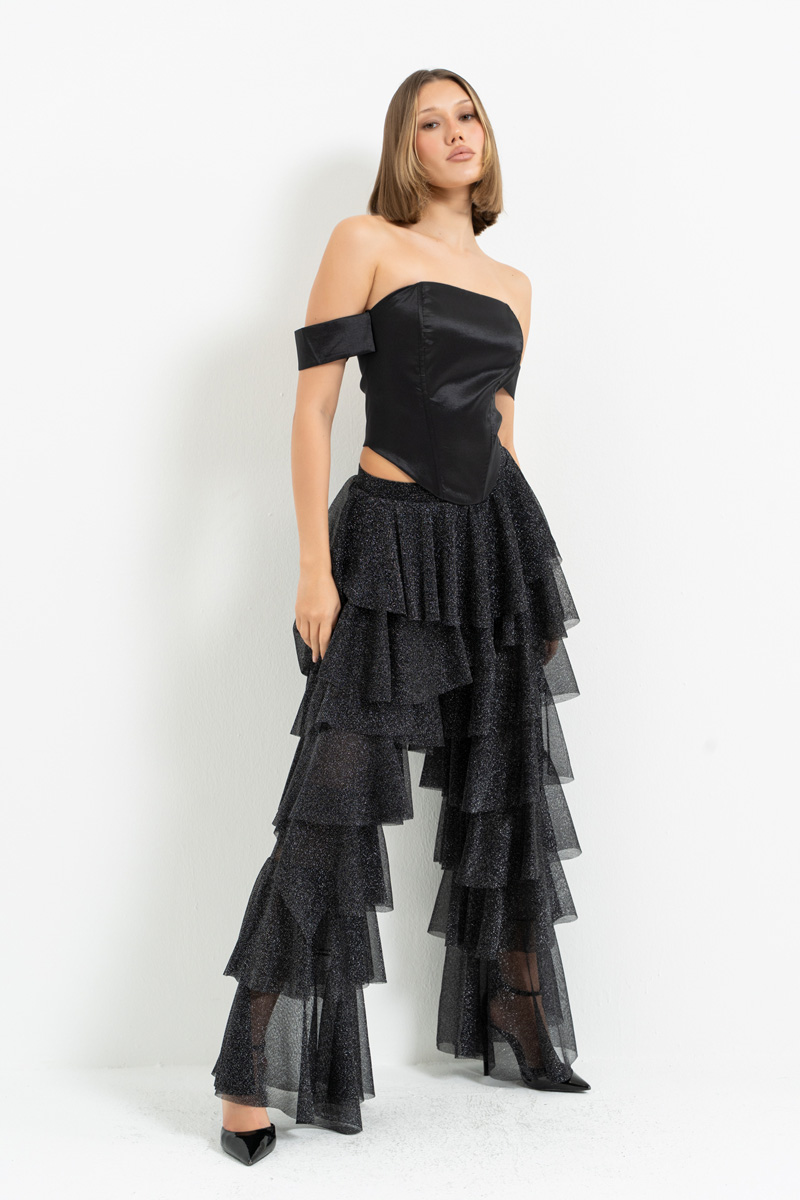 Siyah-Gümüş Kısmen Astarlı Volanlı Simli Tül Pantolon