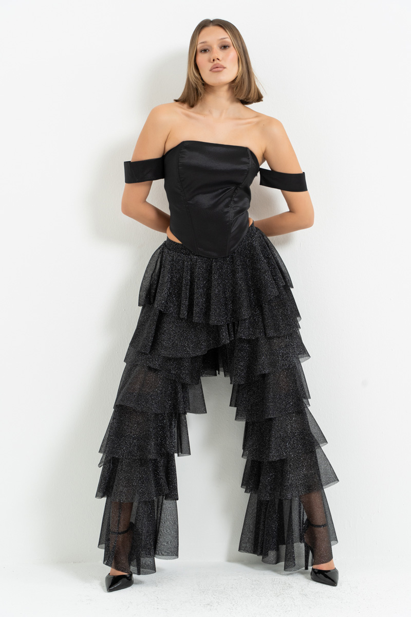 Siyah-Gümüş Kısmen Astarlı Volanlı Simli Tül Pantolon
