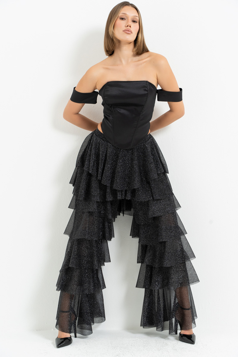 Siyah-Gümüş Kısmen Astarlı Volanlı Simli Tül Pantolon