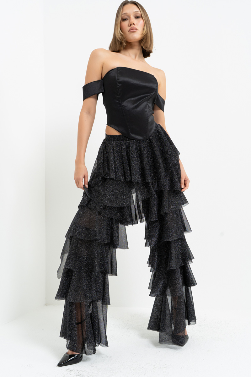 Siyah-Gümüş Kısmen Astarlı Volanlı Simli Tül Pantolon