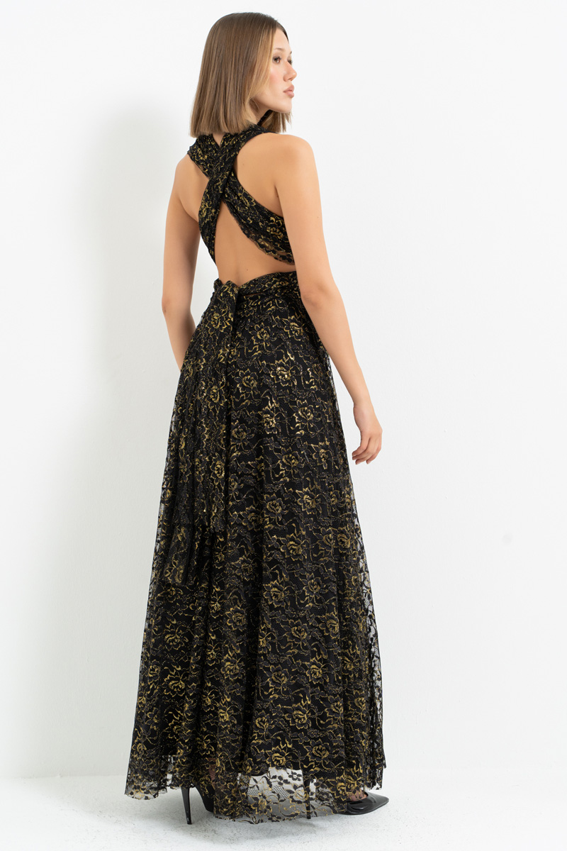 Siyah-Altin Farklı Bağlamalı Desenli Uzun Elbise