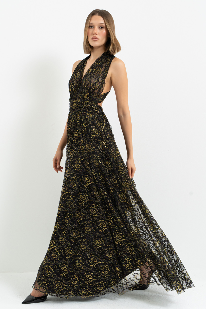 Siyah-Altin Farklı Bağlamalı Desenli Uzun Elbise