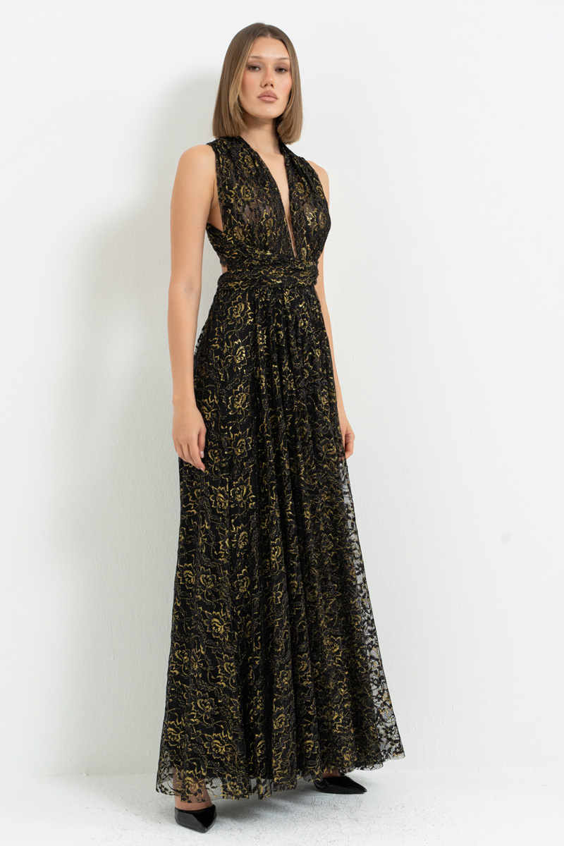 Siyah-Altin Farklı Bağlamalı Desenli Uzun Elbise