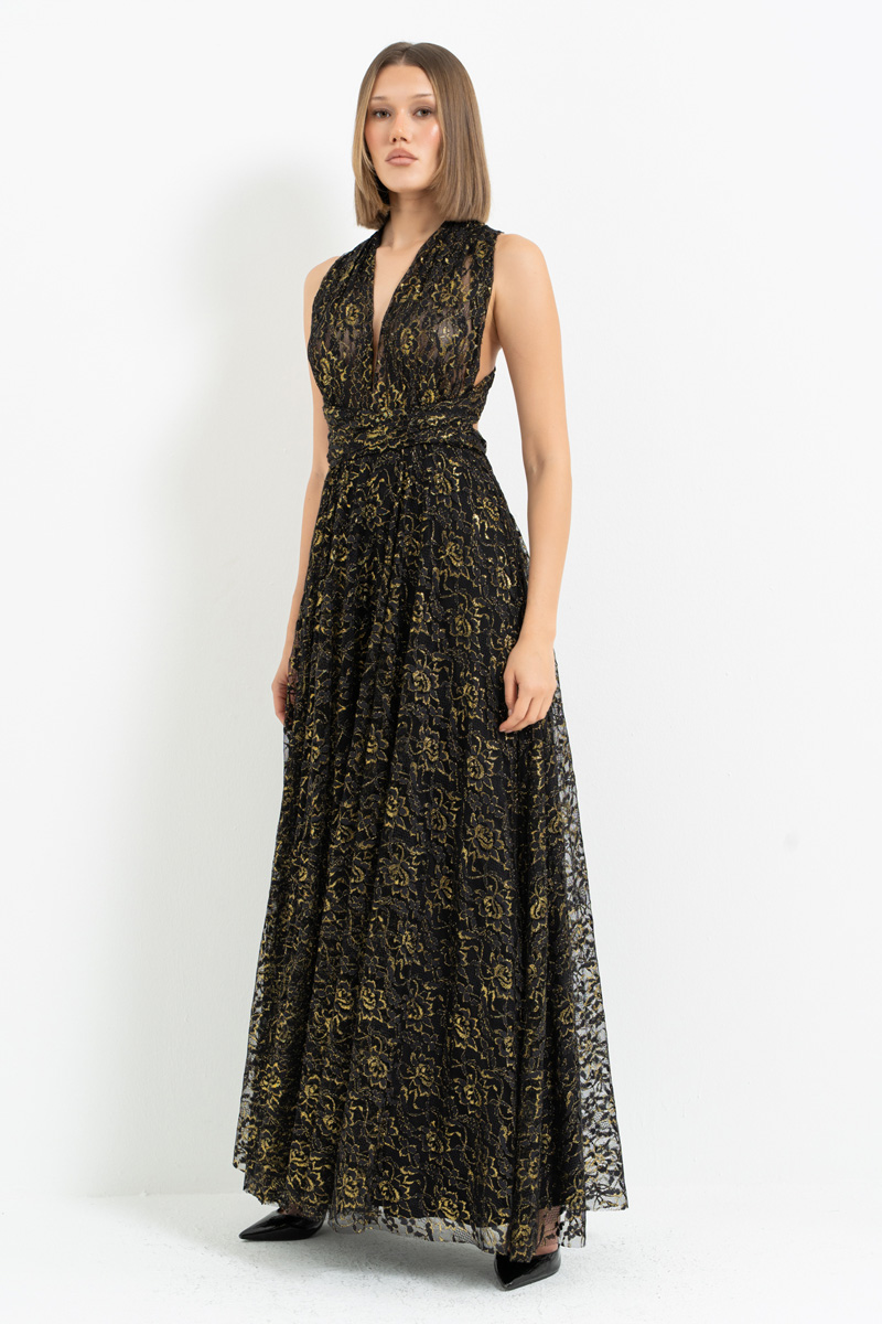 Siyah-Altin Farklı Bağlamalı Desenli Uzun Elbise