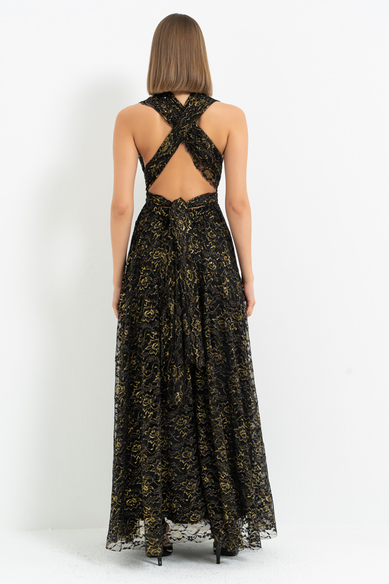 Siyah-Altin Farklı Bağlamalı Desenli Uzun Elbise