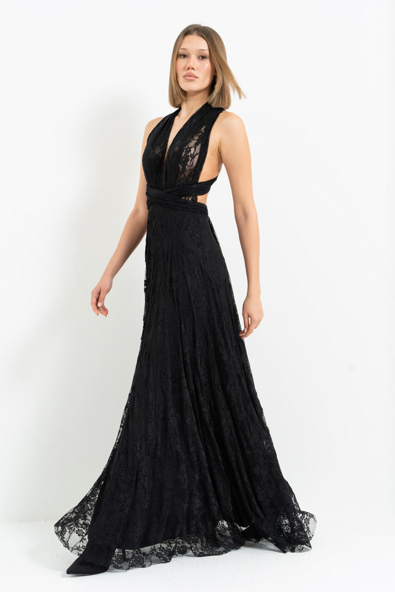 Siyah Farklı Bağlamalı Uzun Dantel Elbise