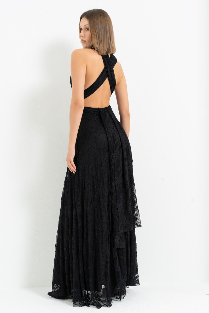 Siyah Farklı Bağlamalı Uzun Dantel Elbise