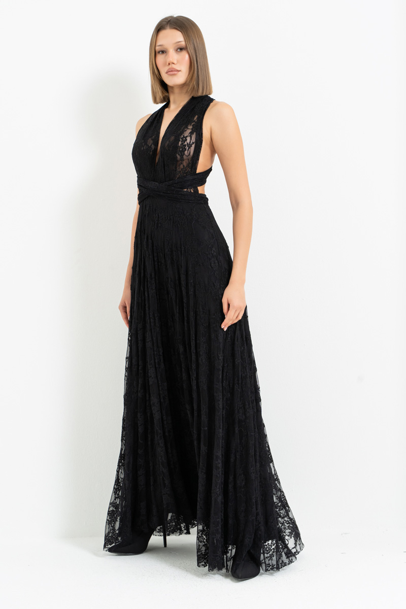 Siyah Farklı Bağlamalı Uzun Dantel Elbise