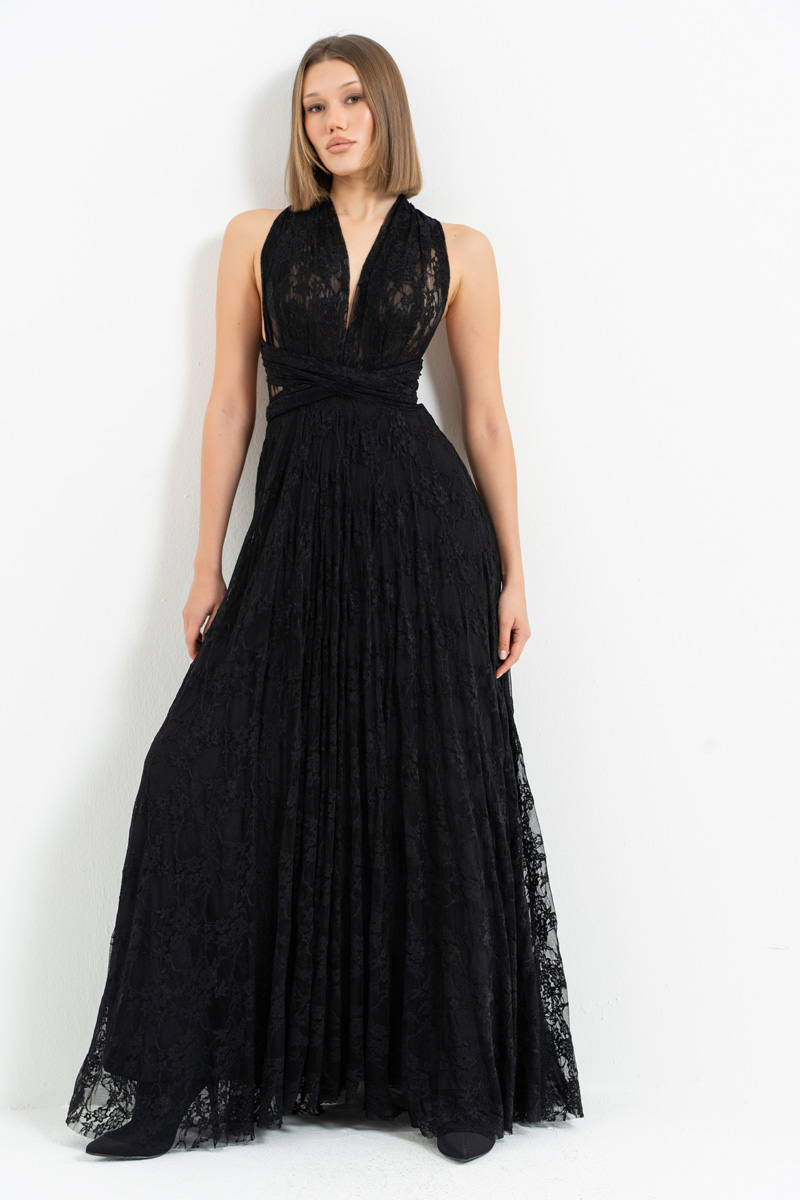 Siyah Farklı Bağlamalı Uzun Dantel Elbise