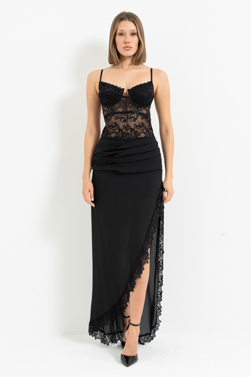 Black Lace-Trim Asymmetric Maxi Dress with Chiffon Skirt