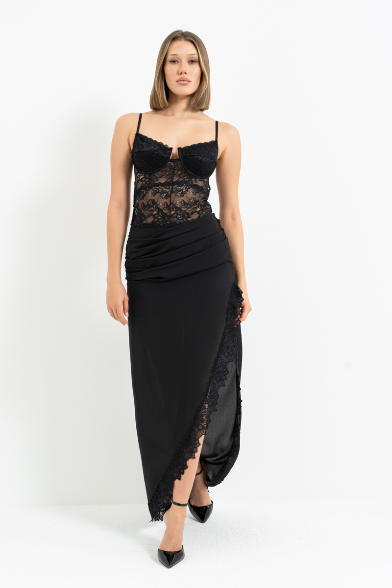 Black Lace-Trim Asymmetric Maxi Dress with Chiffon Skirt