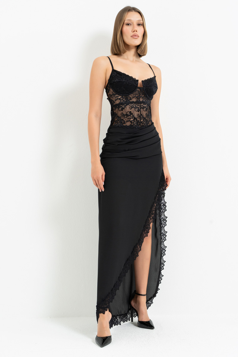 Black Lace-Trim Asymmetric Maxi Dress with Chiffon Skirt
