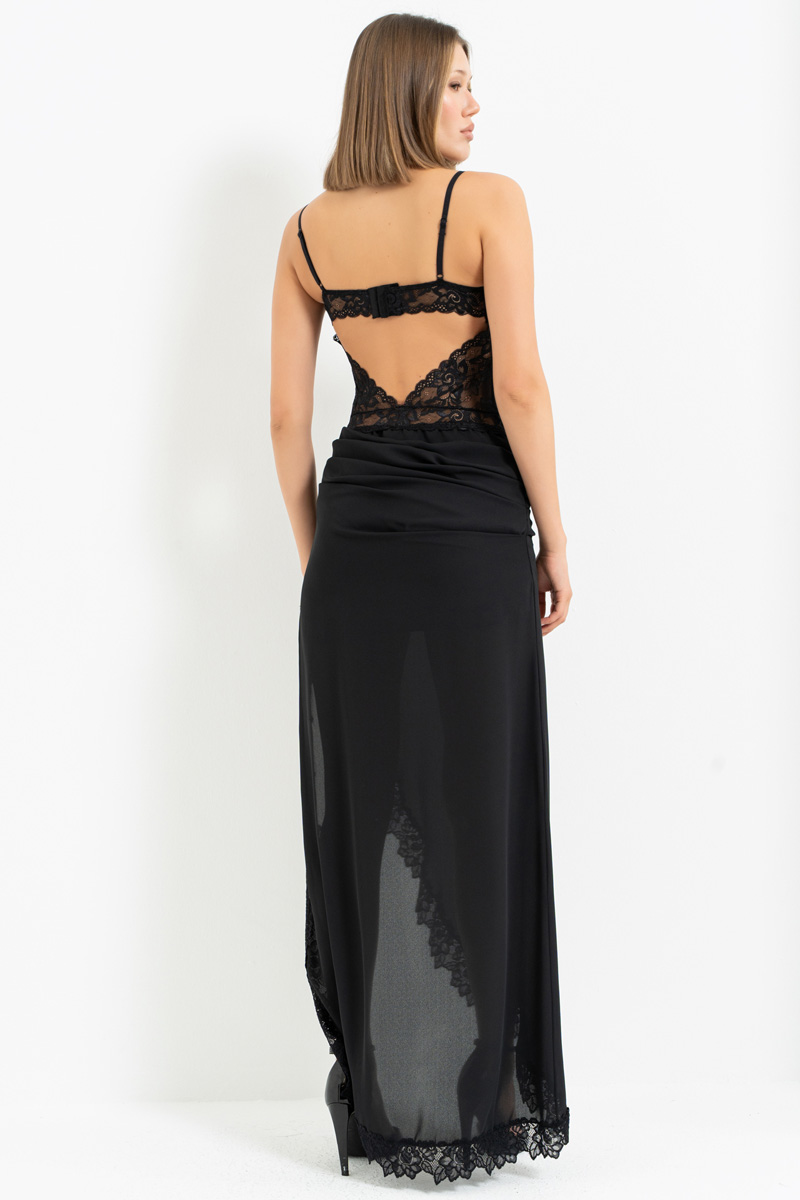 Black Lace-Trim Asymmetric Maxi Dress with Chiffon Skirt