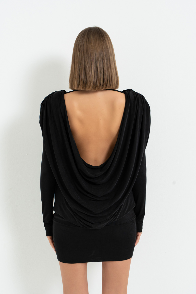 Siyah Sırt Dekolteli Uzun Kollu Dökümlü Elbise