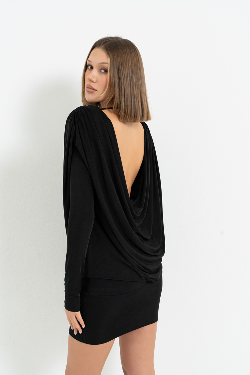 Siyah Sırt Dekolteli Uzun Kollu Dökümlü Elbise
