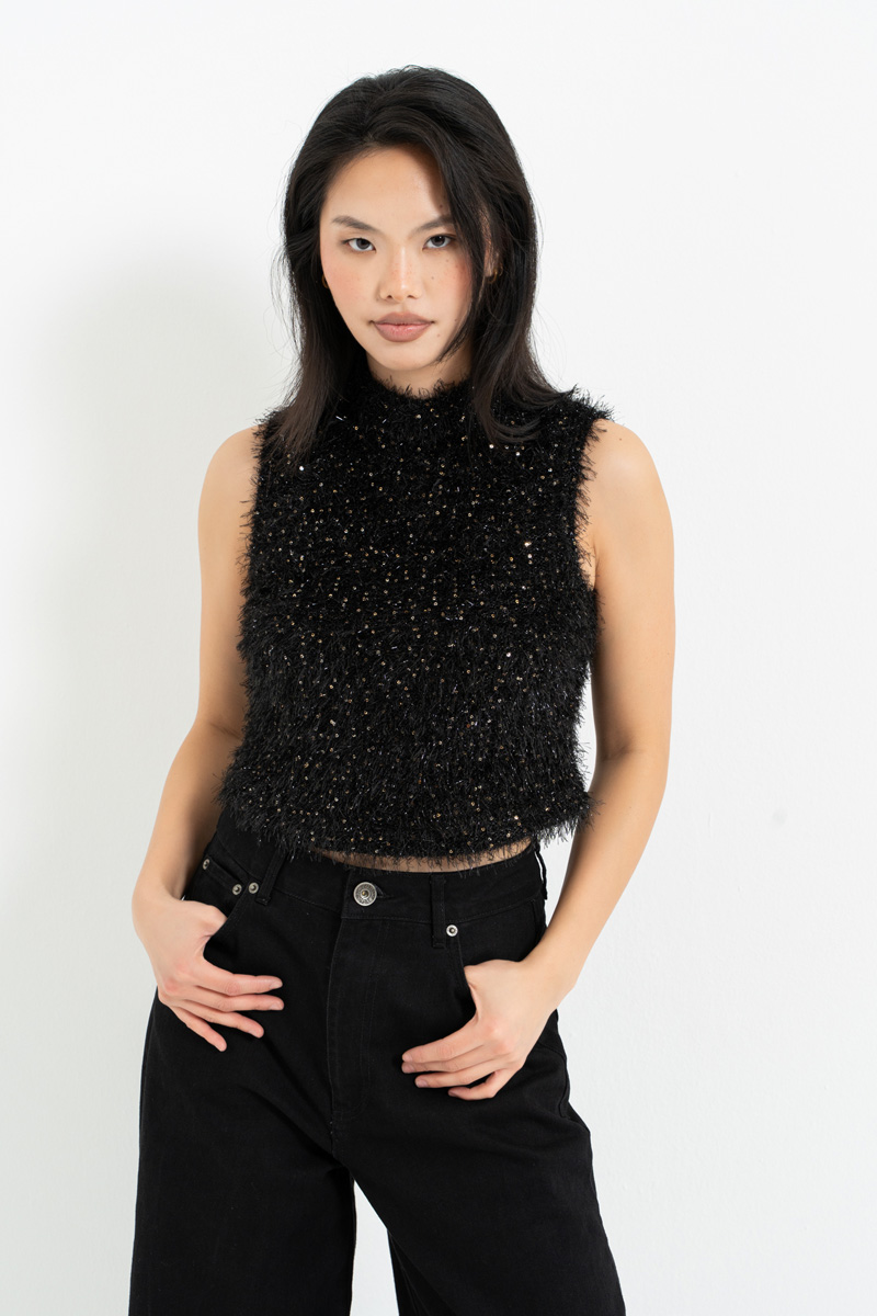 Siyah Balıkçı Yaka Simli Payetli Bluz