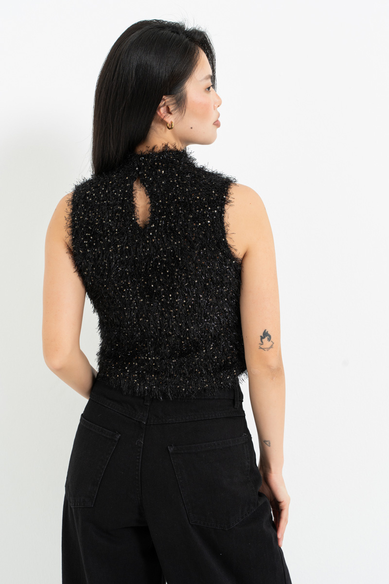 Siyah Balıkçı Yaka Simli Payetli Bluz