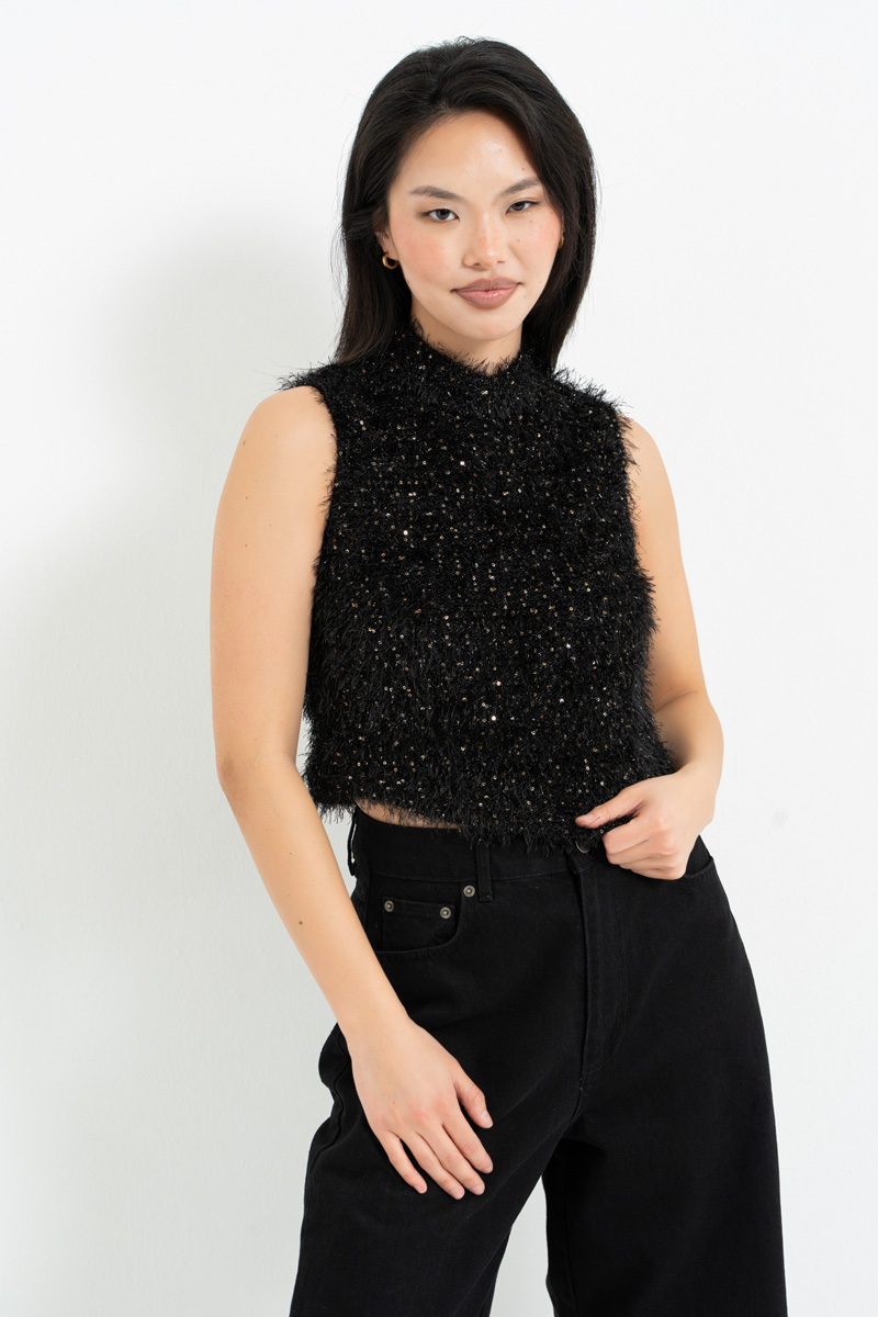 Siyah Balıkçı Yaka Simli Payetli Bluz