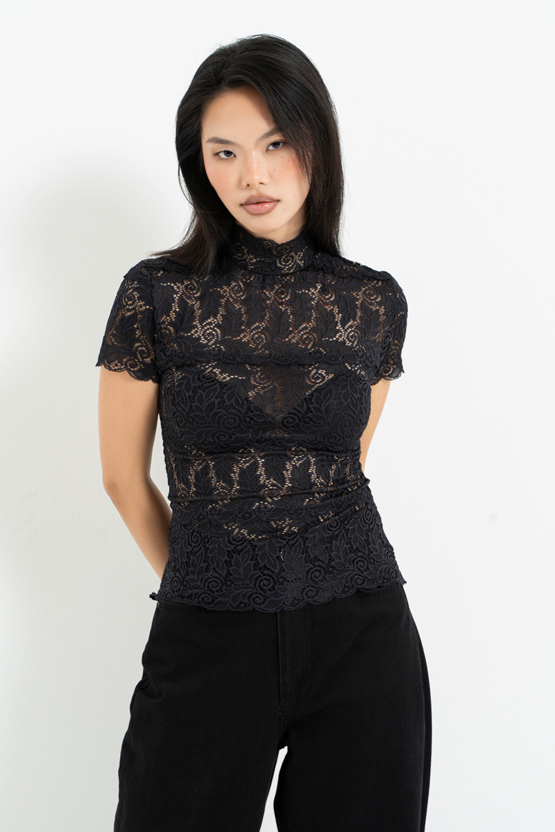 Black High-Neck Short-Sleeve Lace Top