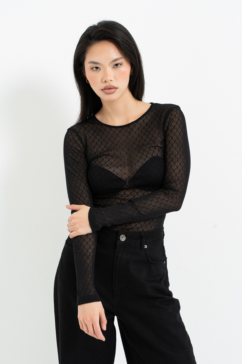 Sheer Black Patterned Long-Sleeve Mesh Top