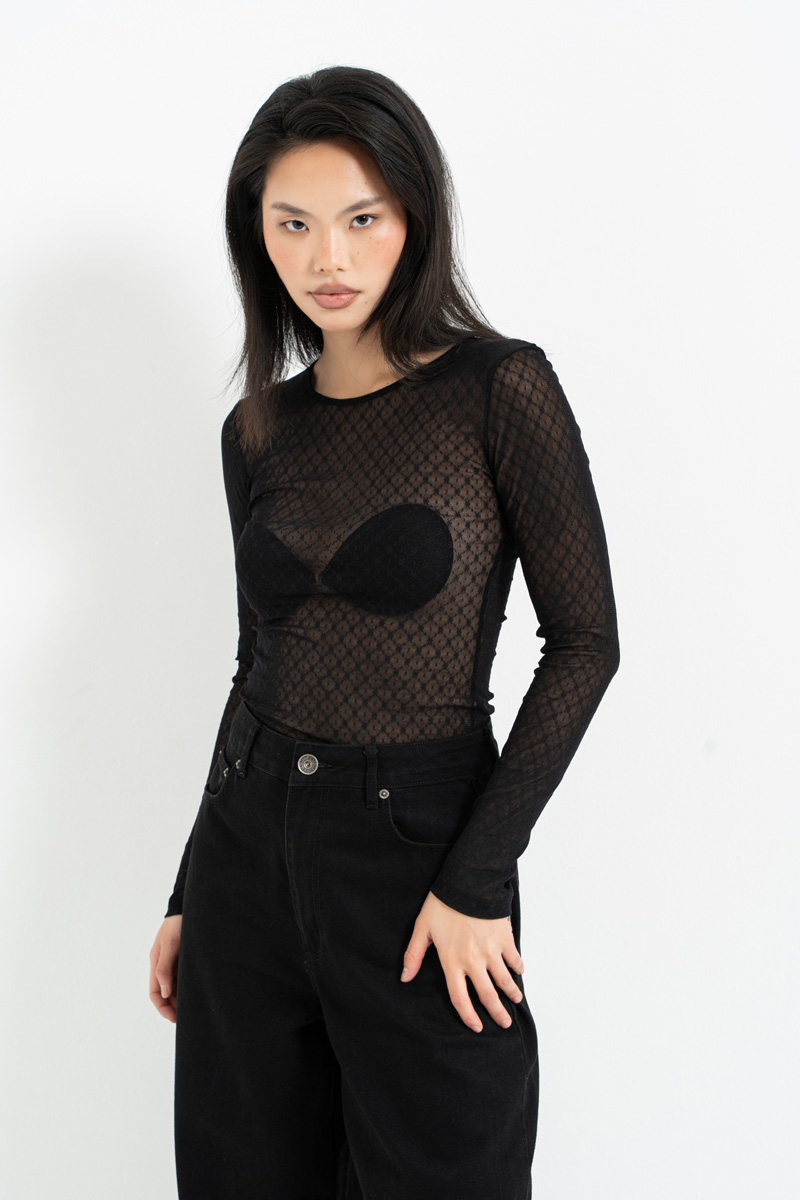 Sheer Black Patterned Long-Sleeve Mesh Top