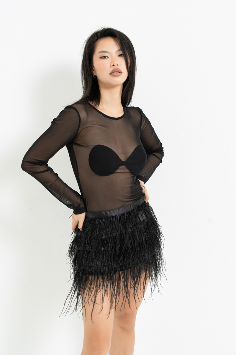 Sheer Black Long-Sleeve Mesh Top