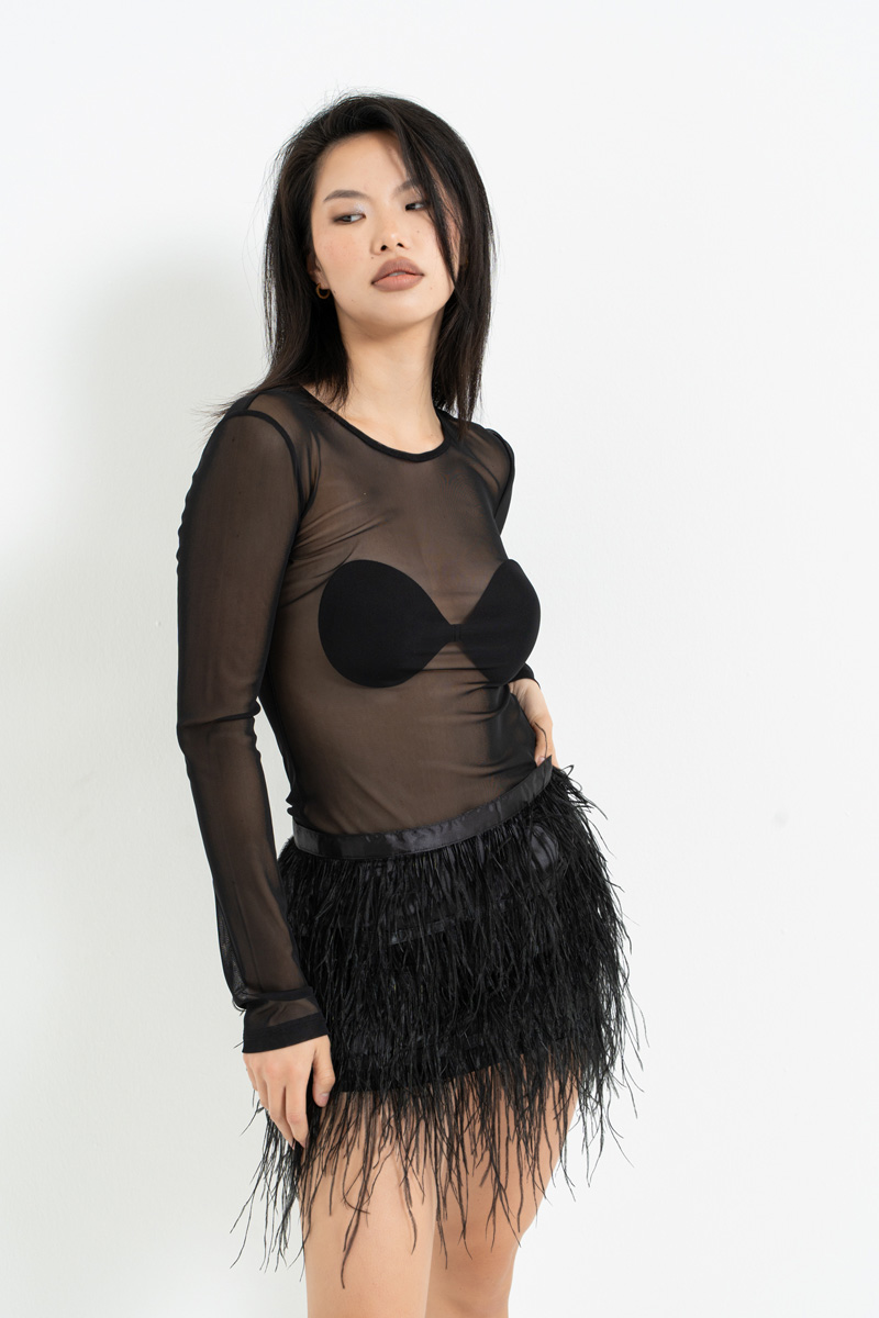 Sheer Black Long-Sleeve Mesh Top